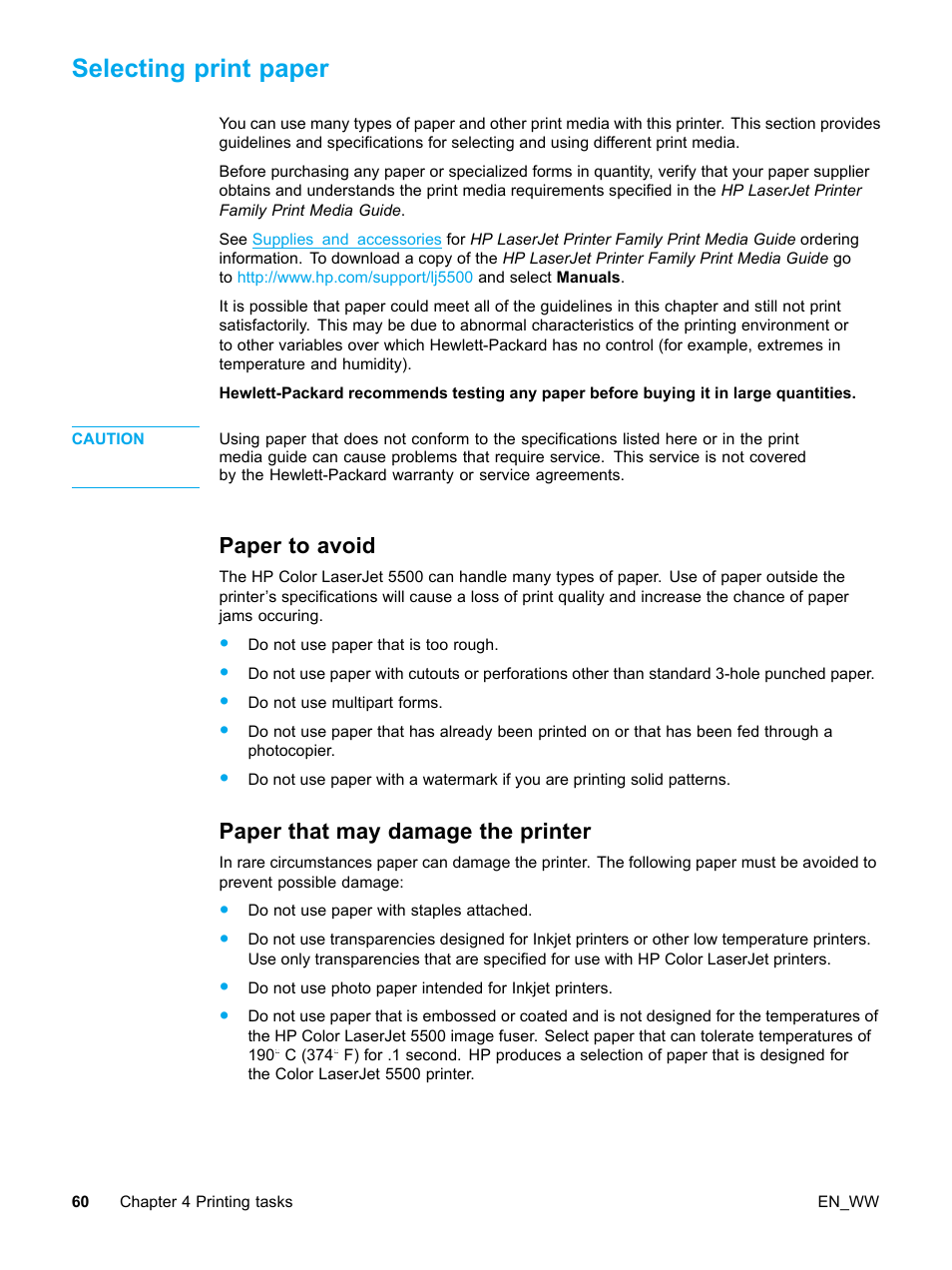 Selecting print paper, Paper to avoid, Paper that may damage the printer | 60 paper that may damage the printer | HP Color LaserJet 5500 Printer series User Manual | Page 70 / 224