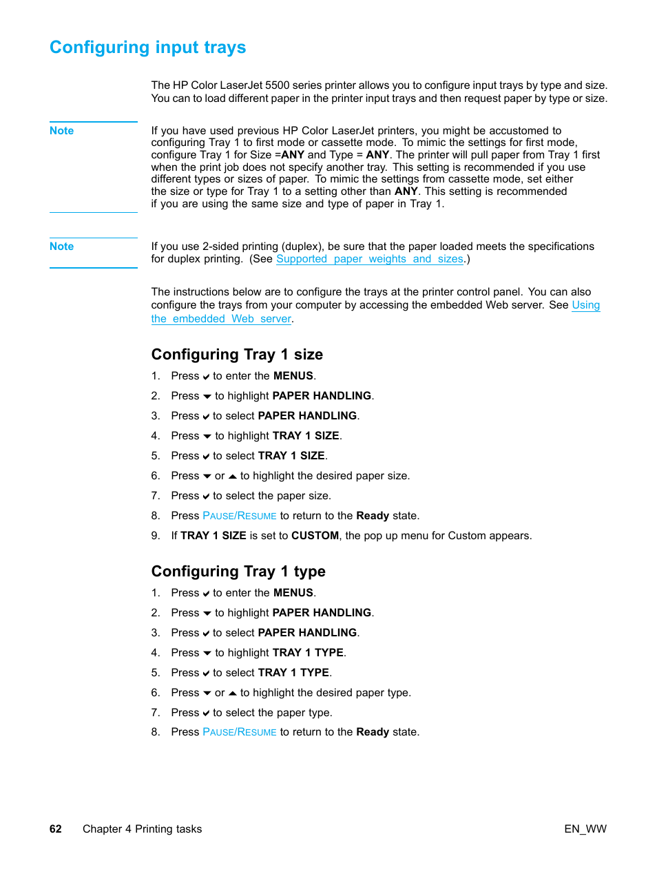 Configuring input trays, Configuring tray 1 size, Configuring tray 1 type | 62 configuring tray 1 type | HP Color LaserJet 5500 Printer series User Manual | Page 72 / 224