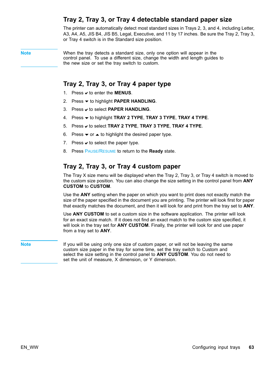 Tray 2, tray 3, or tray 4 paper type, Tray 2, tray 3, or tray 4 custom paper, 63 tray 2, tray 3, or tray 4 paper type | 63 tray 2, tray 3, or tray 4 custom paper | HP Color LaserJet 5500 Printer series User Manual | Page 73 / 224