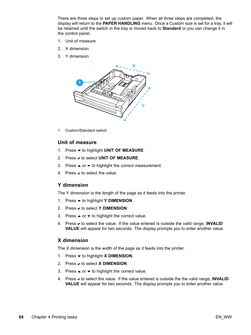 Unit of measure, Y dimension, X dimension | HP Color LaserJet 5500 Printer series User Manual | Page 74 / 224