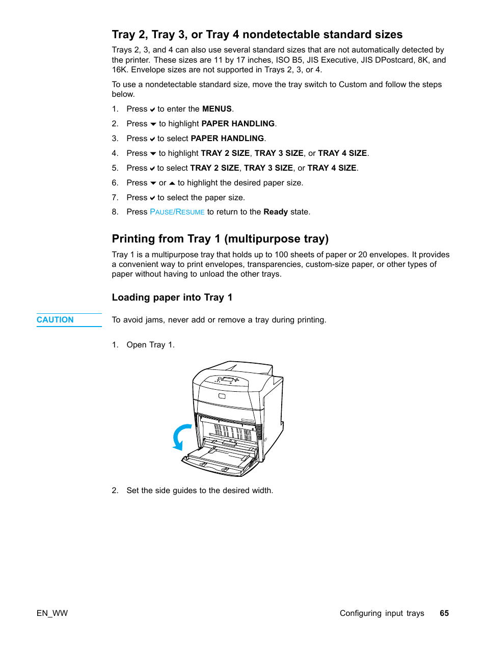 Printing from tray 1 (multipurpose tray), Loading paper into tray 1, 65 printing from tray 1 (multipurpose tray) | HP Color LaserJet 5500 Printer series User Manual | Page 75 / 224