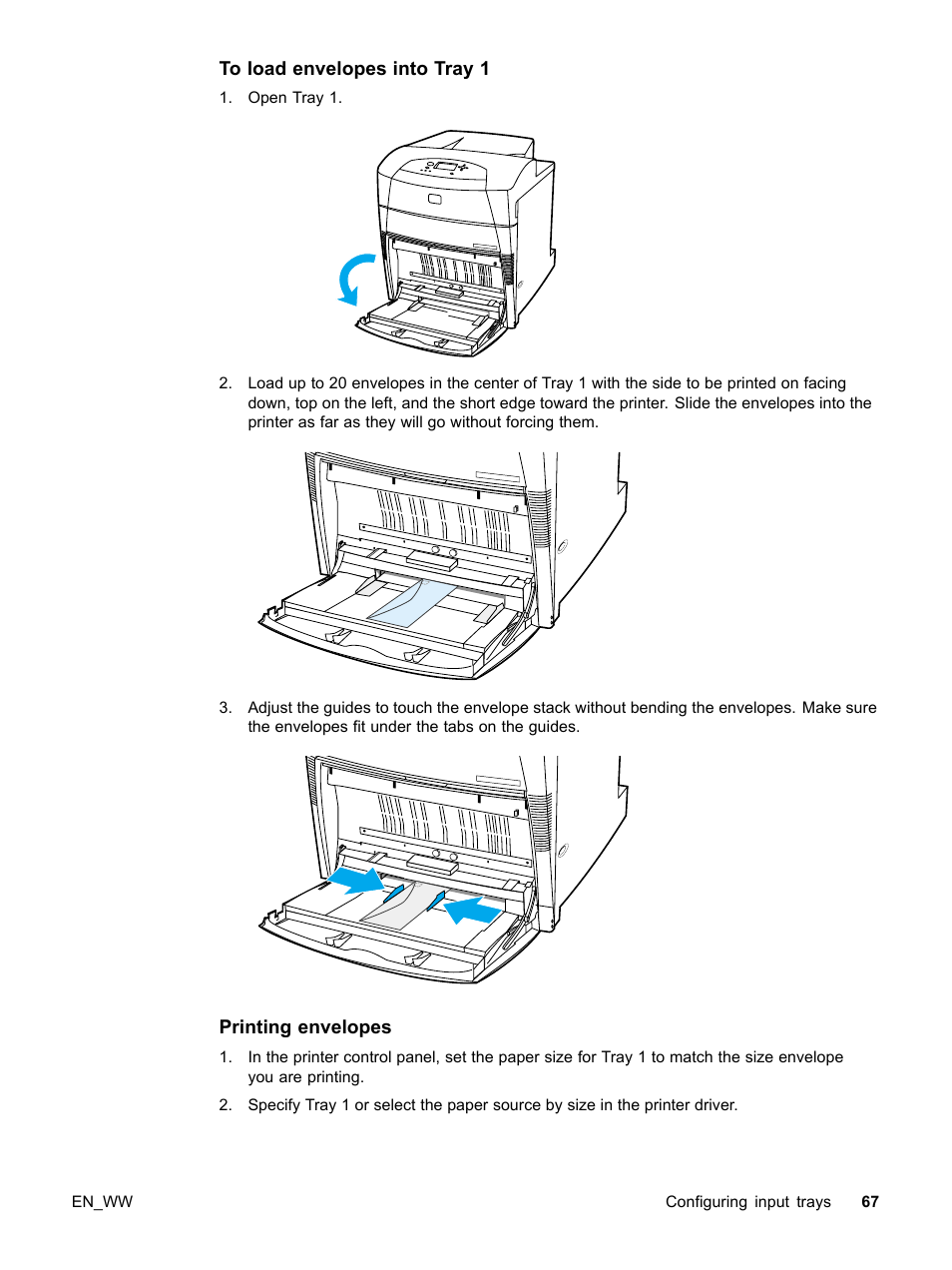 To load envelopes into tray 1, Printing envelopes | HP Color LaserJet 5500 Printer series User Manual | Page 77 / 224