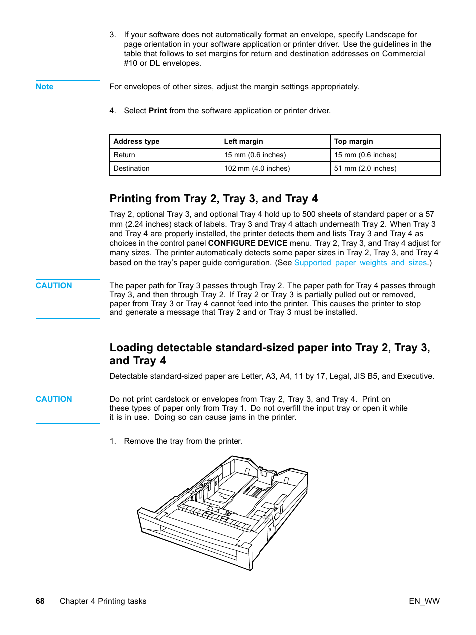 Printing from tray 2, tray 3, and tray 4 | HP Color LaserJet 5500 Printer series User Manual | Page 78 / 224