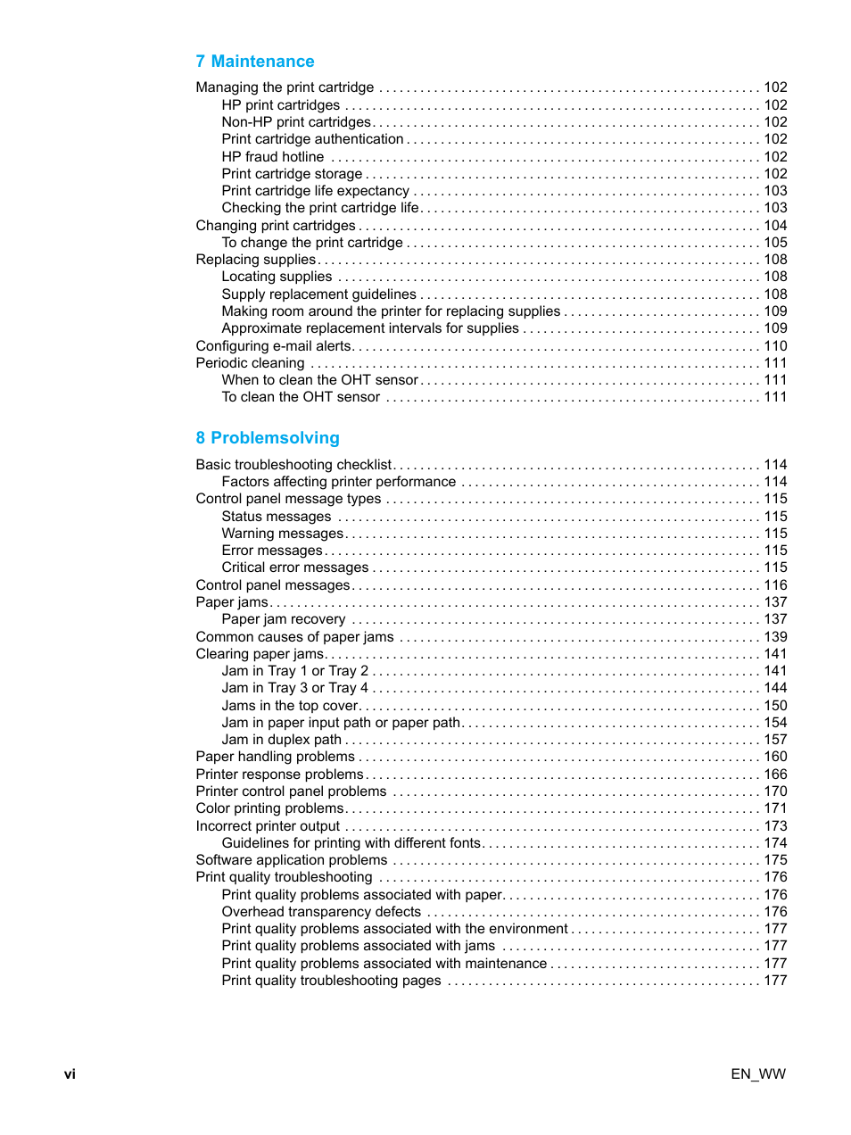 7 maintenance, 8 problemsolving | HP Color LaserJet 5500 Printer series User Manual | Page 8 / 224