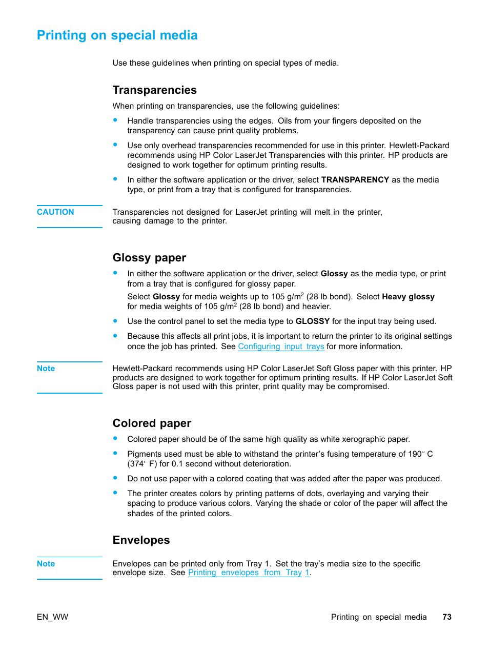 Printing on special media, Transparencies, Glossy paper | Colored paper, Envelopes, 73 glossy paper, 73 colored paper, 73 envelopes | HP Color LaserJet 5500 Printer series User Manual | Page 83 / 224