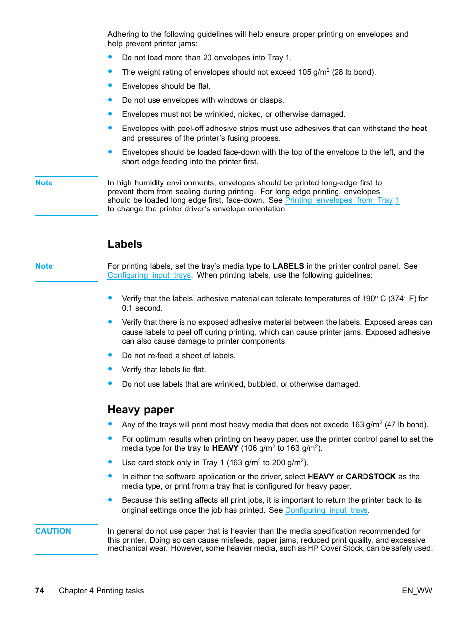 Labels, Heavy paper, 74 heavy paper | HP Color LaserJet 5500 Printer series User Manual | Page 84 / 224