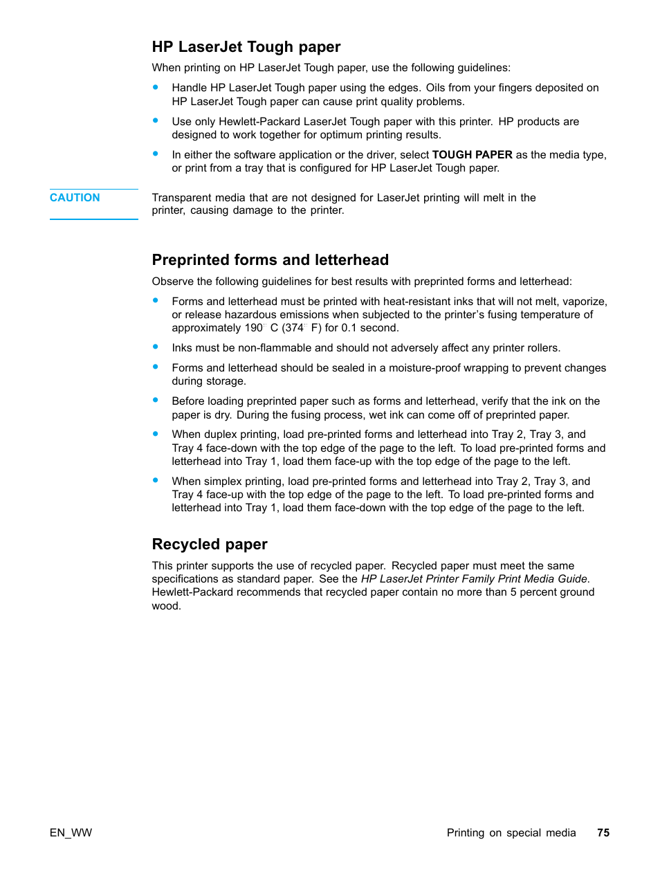 Hp laserjet tough paper, Preprinted forms and letterhead, Recycled paper | 75 preprinted forms and letterhead | HP Color LaserJet 5500 Printer series User Manual | Page 85 / 224