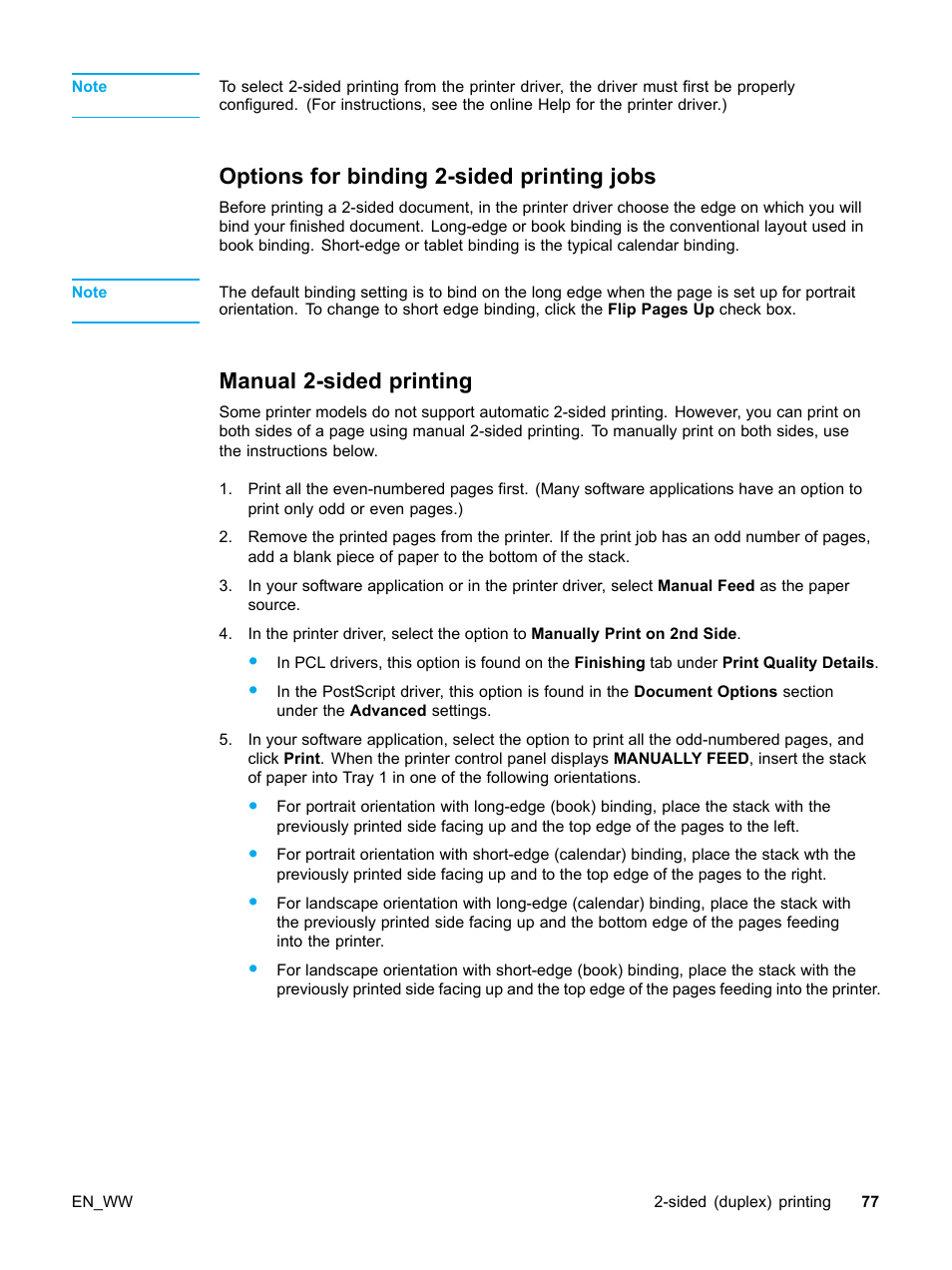 Options for binding 2-sided printing jobs, Manual 2-sided printing, 77 manual 2-sided printing | HP Color LaserJet 5500 Printer series User Manual | Page 87 / 224