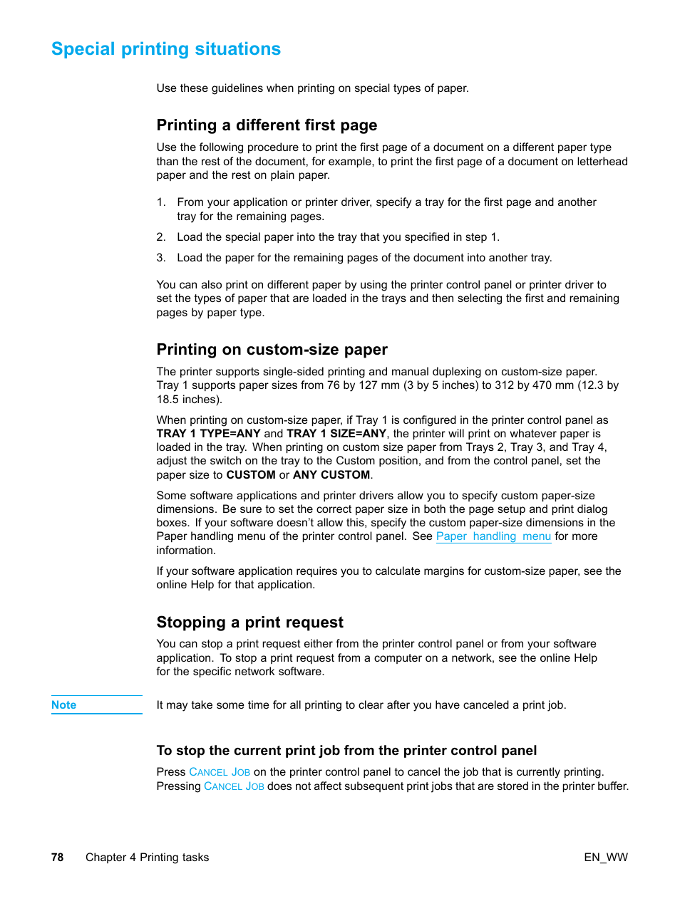 Special printing situations, Printing on custom-size paper, Stopping a print request | 78 printing on custom-size paper, 78 stopping a print request, Printing a different first page | HP Color LaserJet 5500 Printer series User Manual | Page 88 / 224