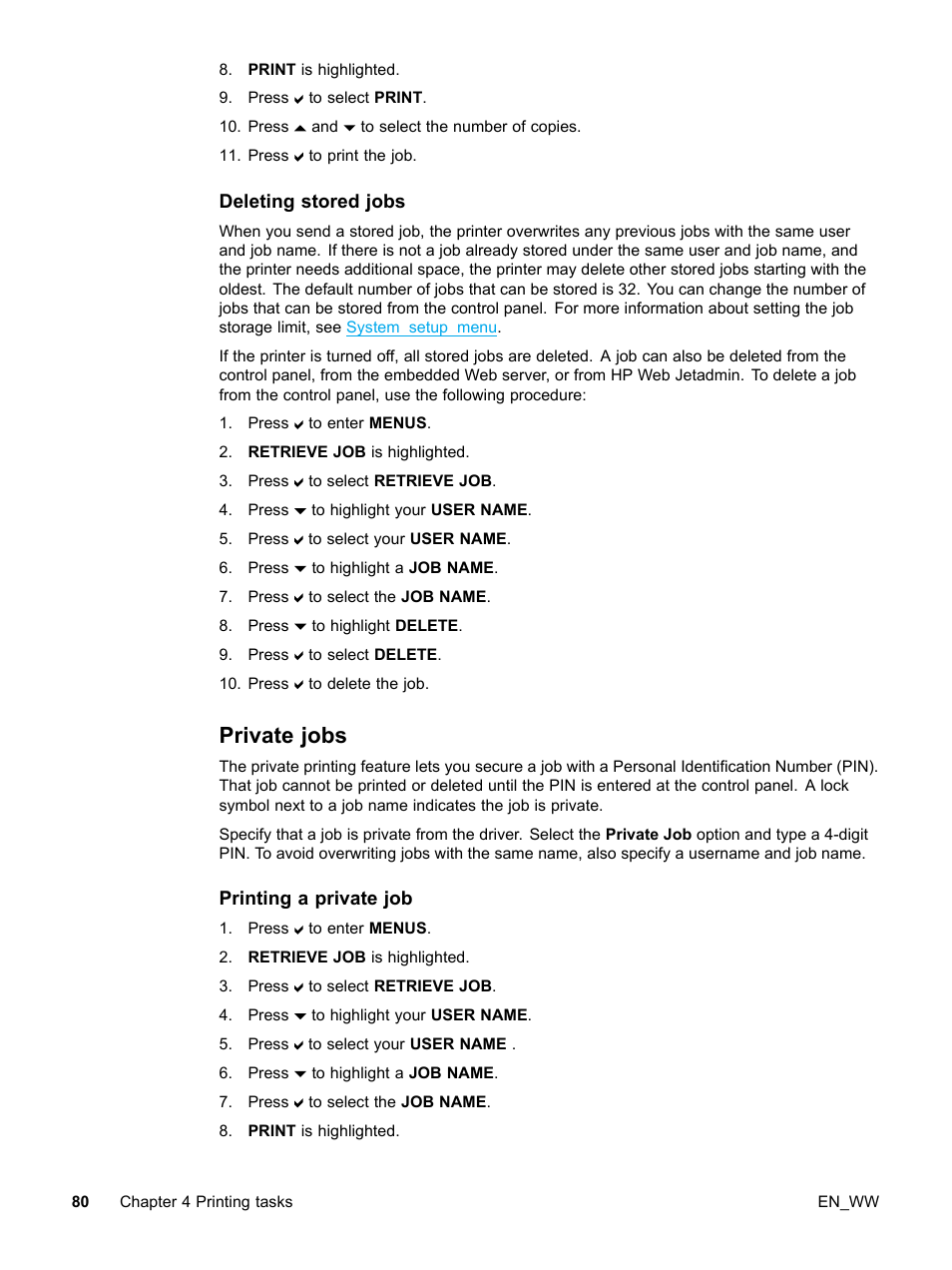 Deleting stored jobs, Private jobs, Printing a private job | HP Color LaserJet 5500 Printer series User Manual | Page 90 / 224