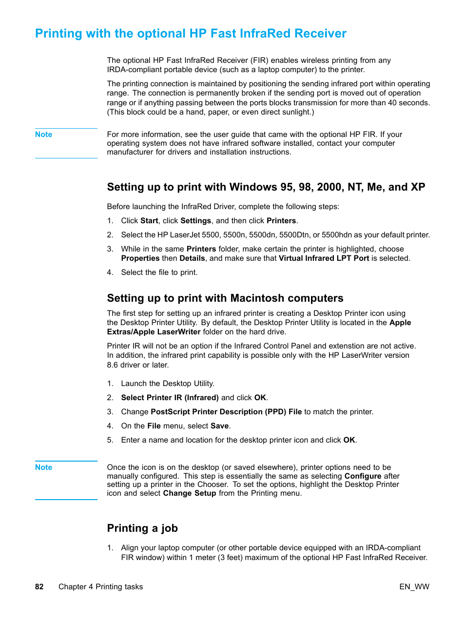 Setting up to print with macintosh computers, Printing a job, 82 setting up to print with macintosh computers | 82 printing a job | HP Color LaserJet 5500 Printer series User Manual | Page 92 / 224