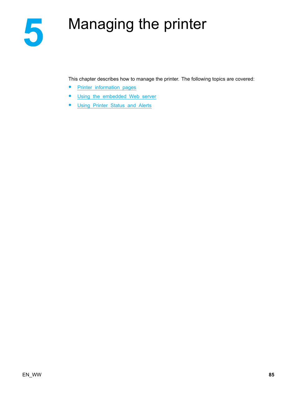5 managing the printer, Managing the printer | HP Color LaserJet 5500 Printer series User Manual | Page 95 / 224