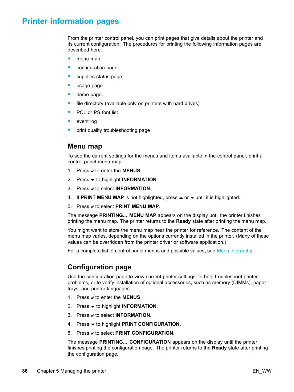 Menu map, Printer information pages, Configuration page | HP Color LaserJet 5500 Printer series User Manual | Page 96 / 224