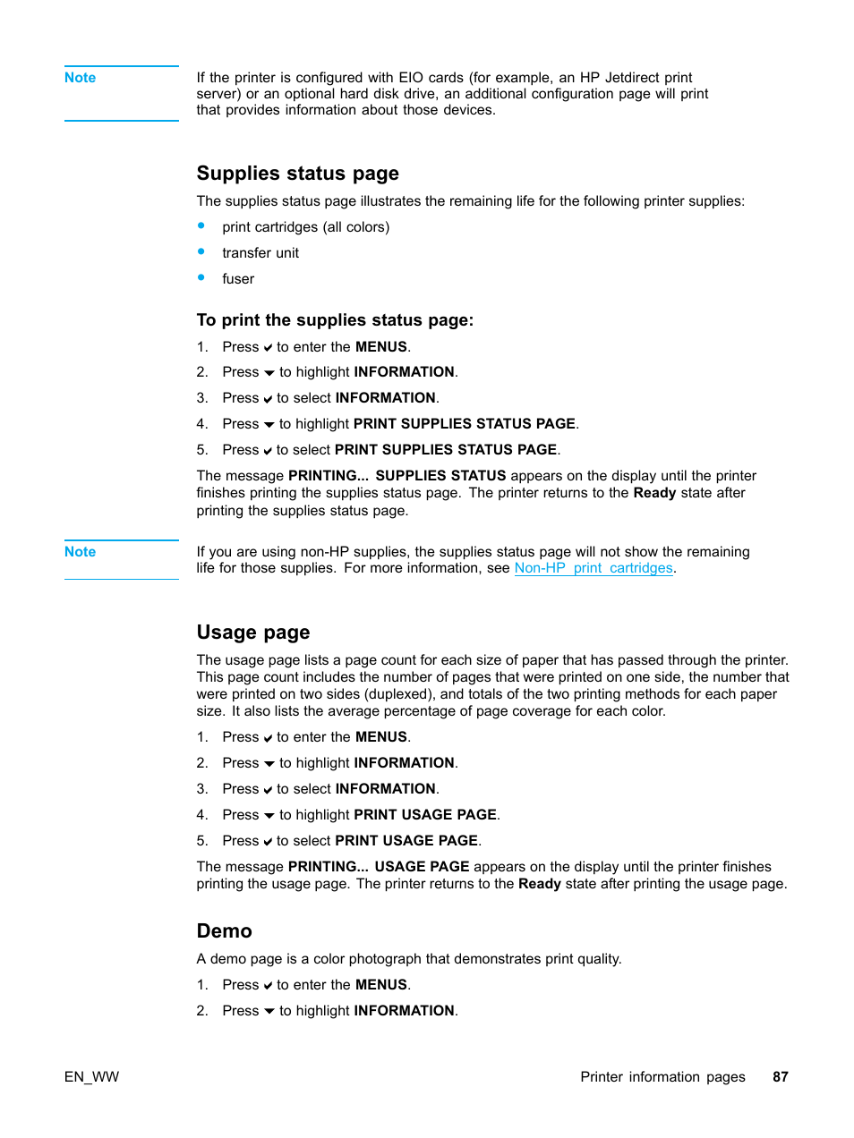 Demo, 87 demo, Supplies status page | Usage page | HP Color LaserJet 5500 Printer series User Manual | Page 97 / 224