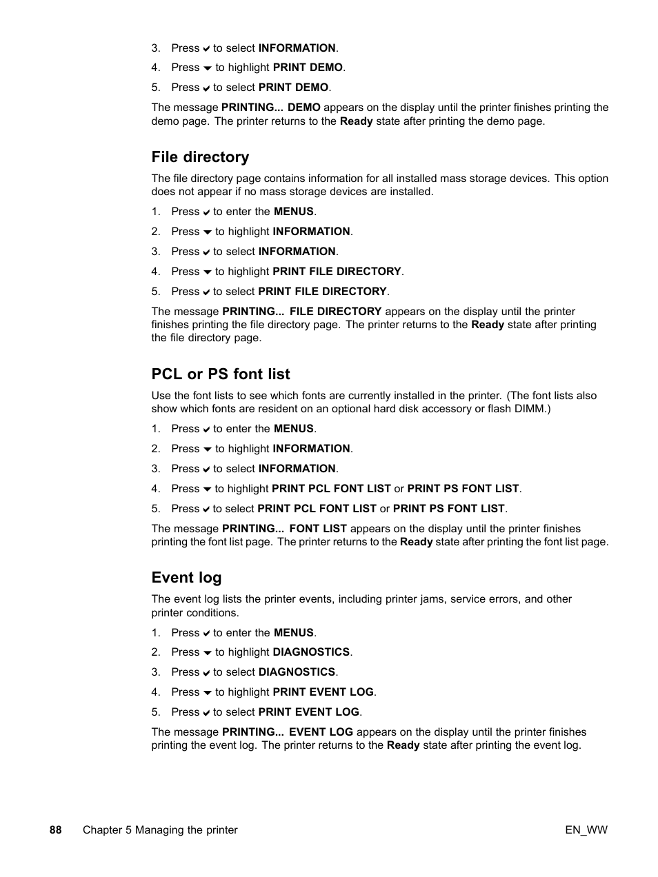File directory, Pcl or ps font list, Event log | 88 pcl or ps font list, 88 event log | HP Color LaserJet 5500 Printer series User Manual | Page 98 / 224