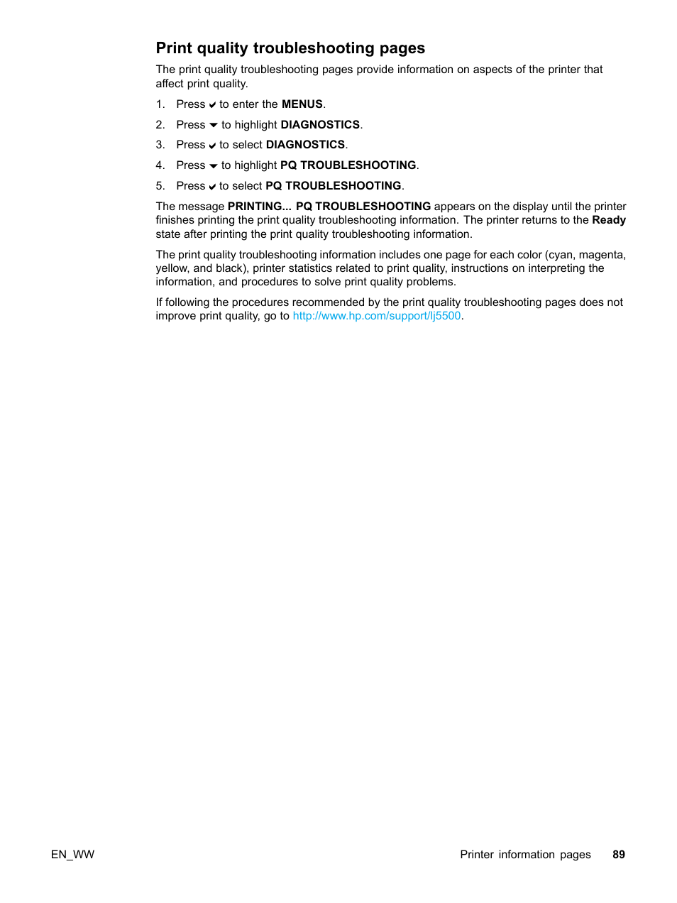 Print quality troubleshooting pages | HP Color LaserJet 5500 Printer series User Manual | Page 99 / 224