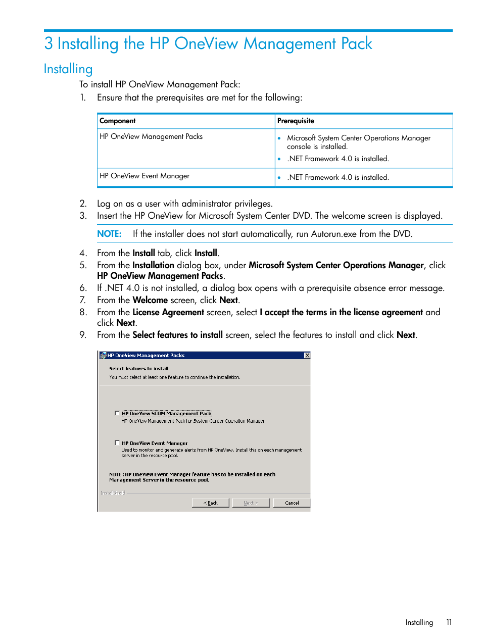 3 installing the hp oneview management pack, Installing | HP OneView for Microsoft System Center User Manual | Page 11 / 66
