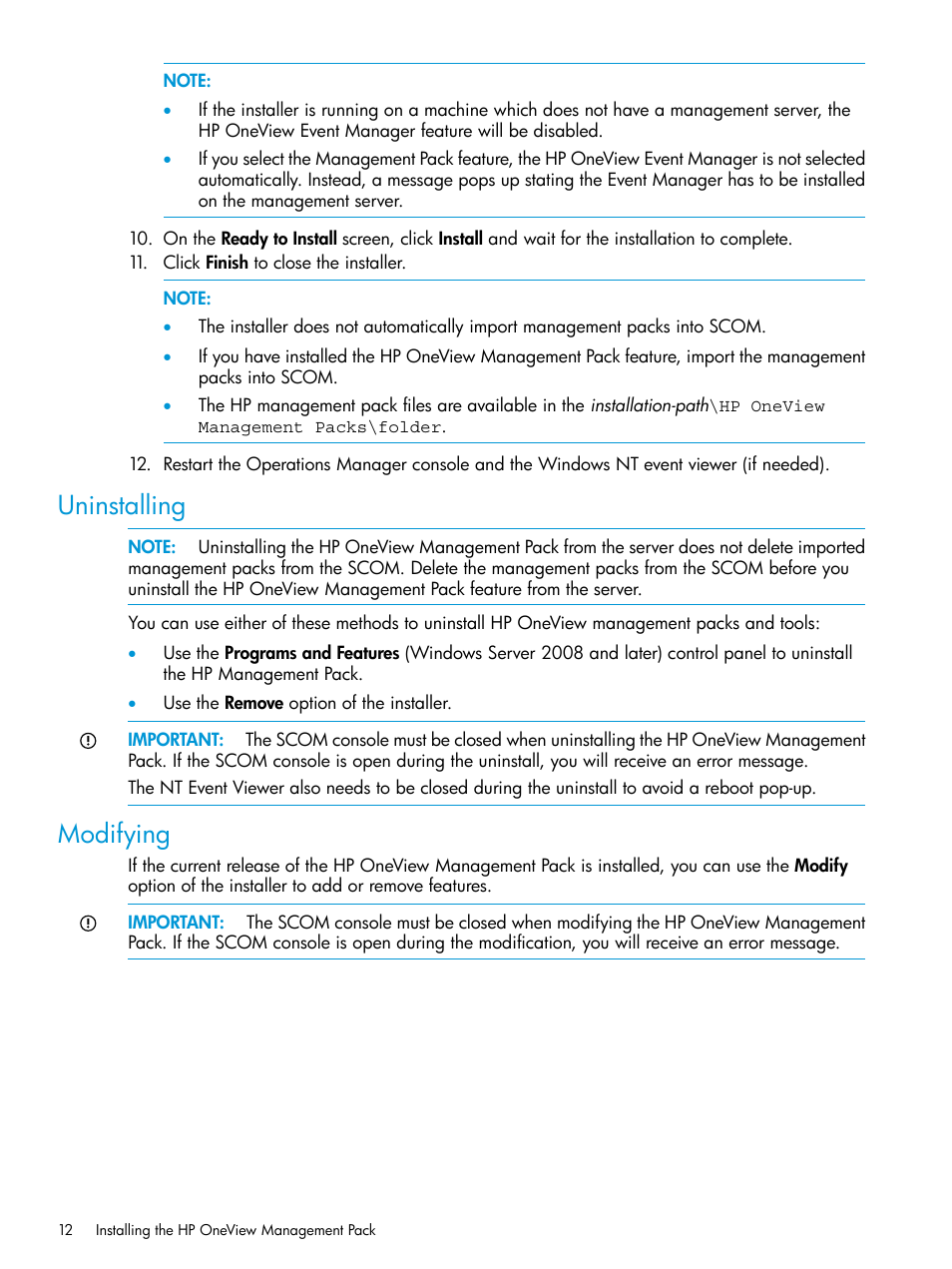 Uninstalling, Modifying, Uninstalling modifying | HP OneView for Microsoft System Center User Manual | Page 12 / 66