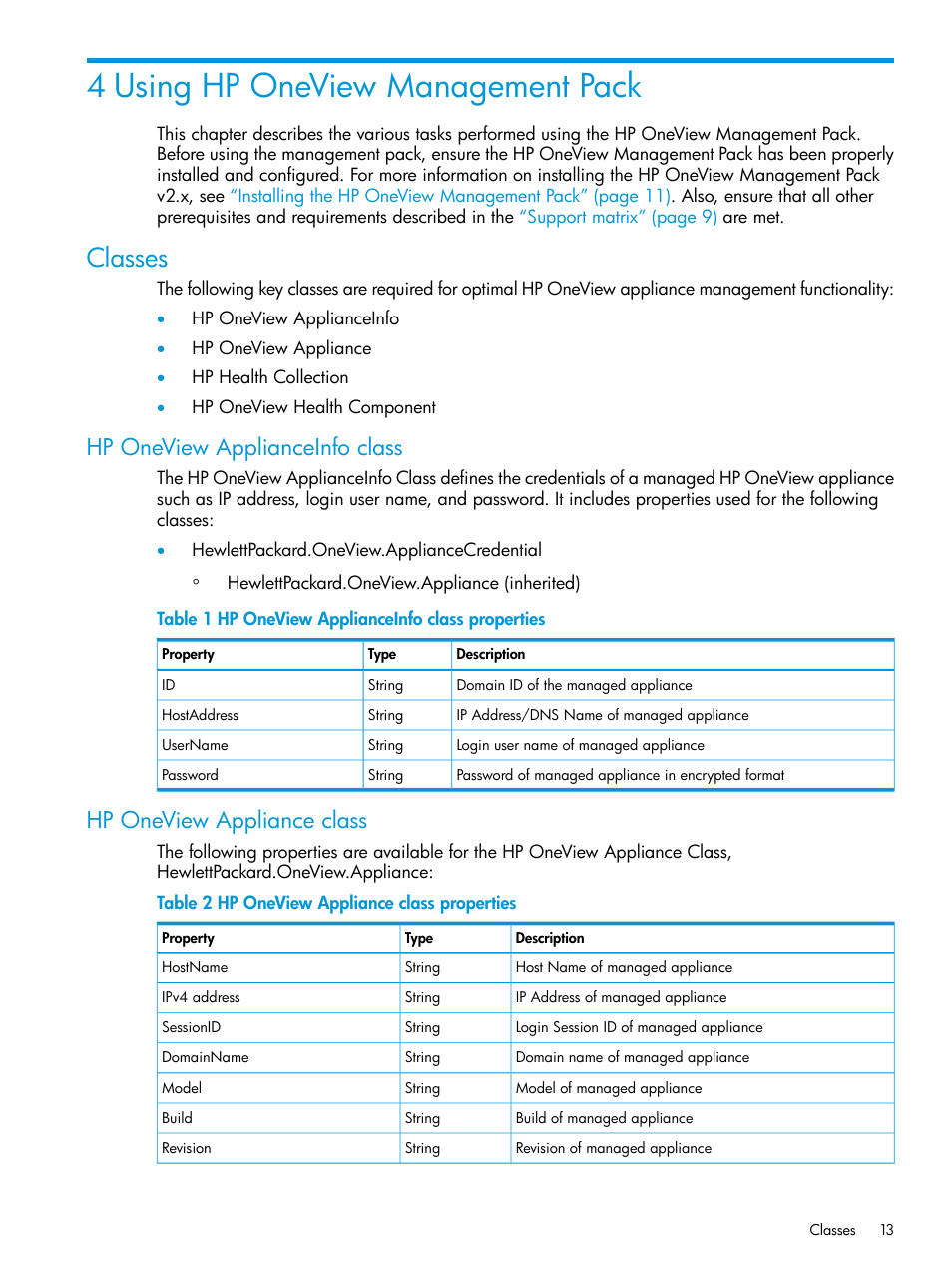 4 using hp oneview management pack, Classes, Hp oneview applianceinfo class | Hp oneview appliance class | HP OneView for Microsoft System Center User Manual | Page 13 / 66