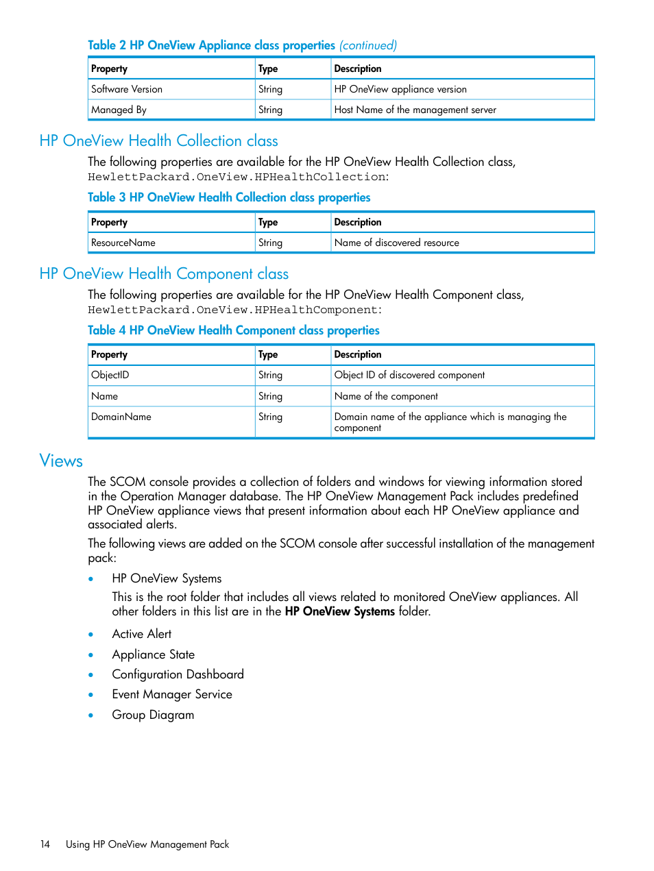 Hp oneview health collection class, Hp oneview health component class, Views | HP OneView for Microsoft System Center User Manual | Page 14 / 66