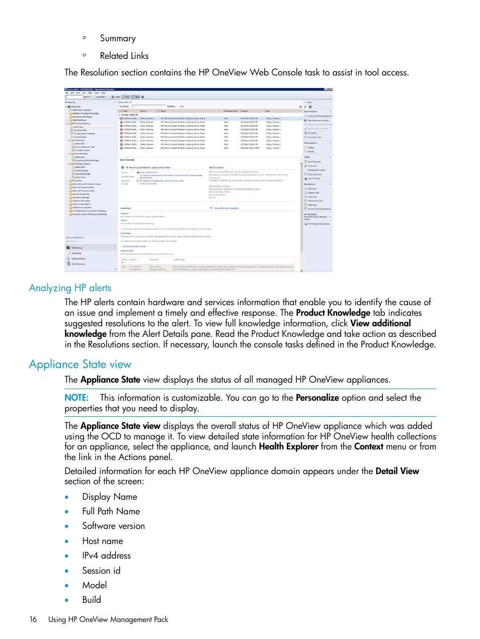 Analyzing hp alerts, Appliance state view | HP OneView for Microsoft System Center User Manual | Page 16 / 66