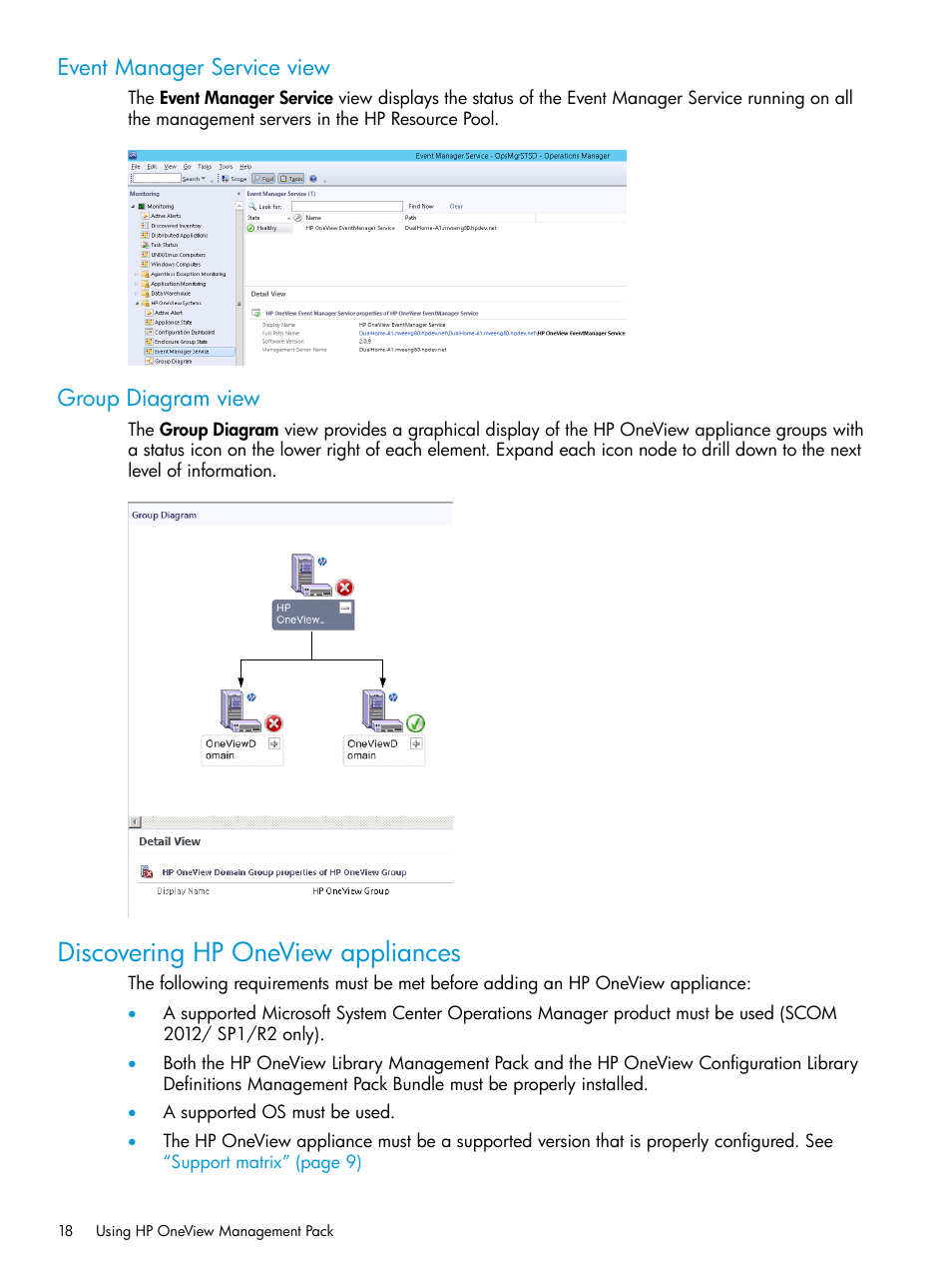 Event manager service view, Group diagram view, Discovering hp oneview appliances | Event manager service view group diagram view | HP OneView for Microsoft System Center User Manual | Page 18 / 66