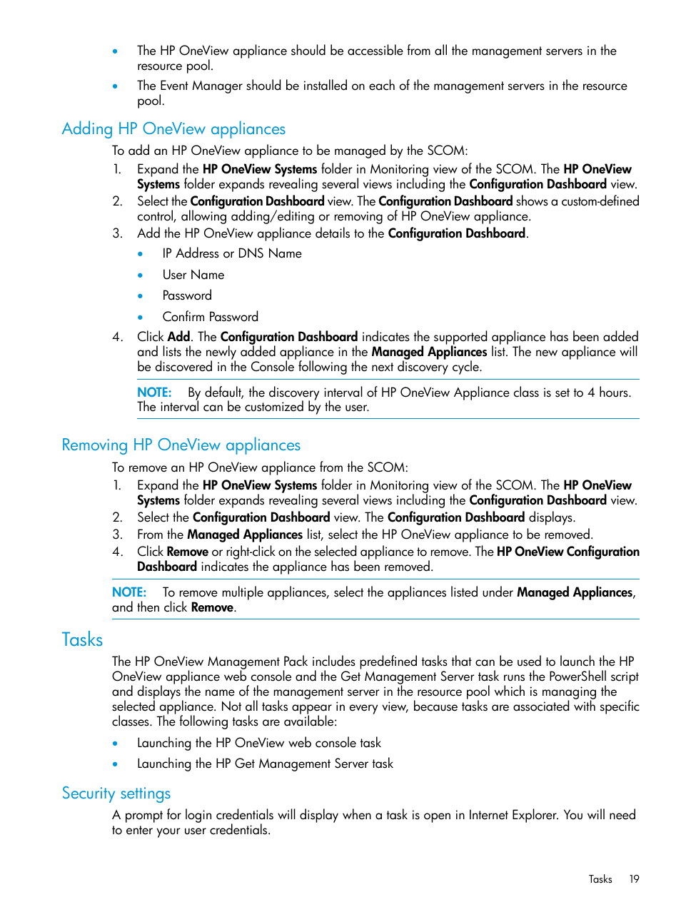 Adding hp oneview appliances, Removing hp oneview appliances, Tasks | Security settings | HP OneView for Microsoft System Center User Manual | Page 19 / 66