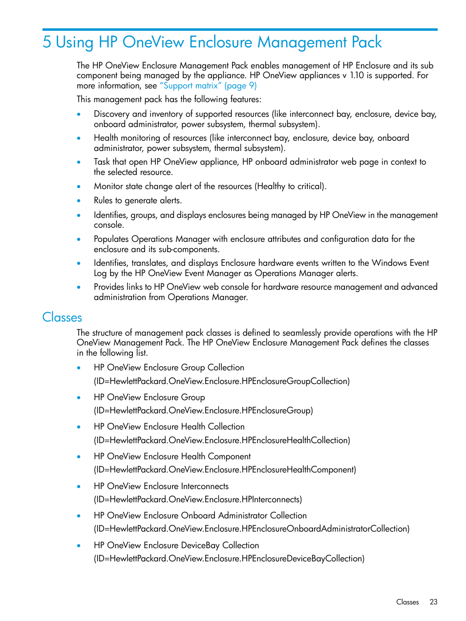 5 using hp oneview enclosure management pack, Classes | HP OneView for Microsoft System Center User Manual | Page 23 / 66