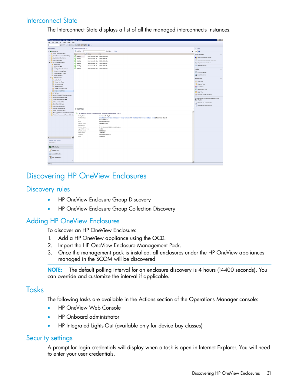 Interconnect state, Discovering hp oneview enclosures, Discovery rules | Adding hp oneview enclosures, Tasks, Security settings, Discovery rules adding hp oneview enclosures | HP OneView for Microsoft System Center User Manual | Page 31 / 66