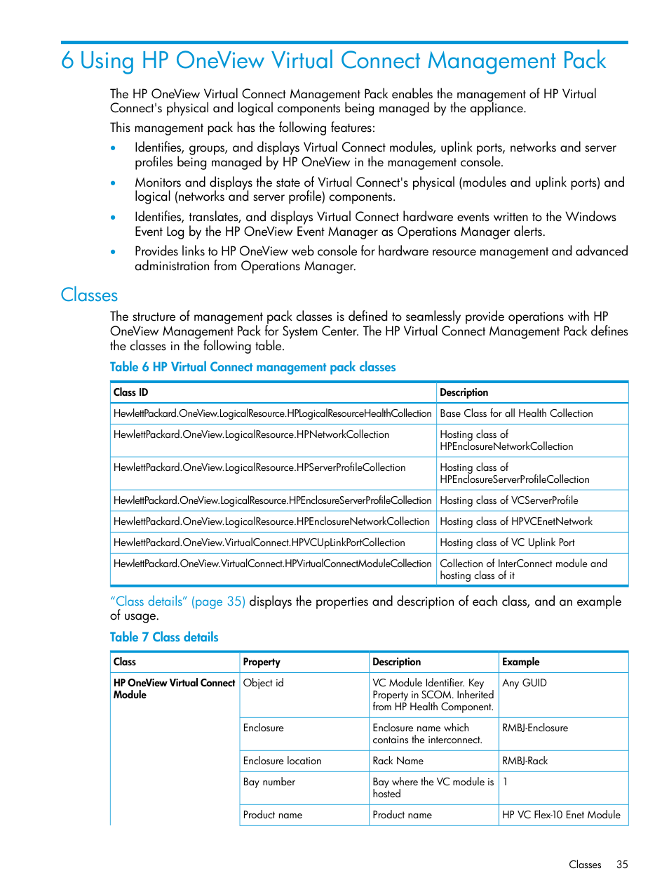 6 using hp oneview virtual connect management pack, Classes | HP OneView for Microsoft System Center User Manual | Page 35 / 66