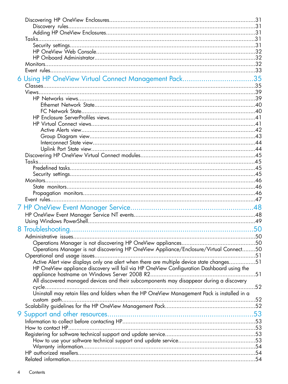 6 using hp oneview virtual connect management pack, 7 hp oneview event manager service, 8 troubleshooting | 9 support and other resources | HP OneView for Microsoft System Center User Manual | Page 4 / 66