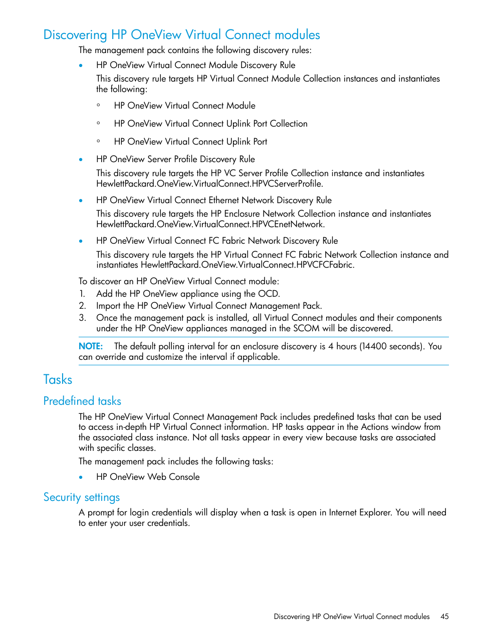 Discovering hp oneview virtual connect modules, Tasks, Predefined tasks | Security settings, Predefined tasks security settings | HP OneView for Microsoft System Center User Manual | Page 45 / 66