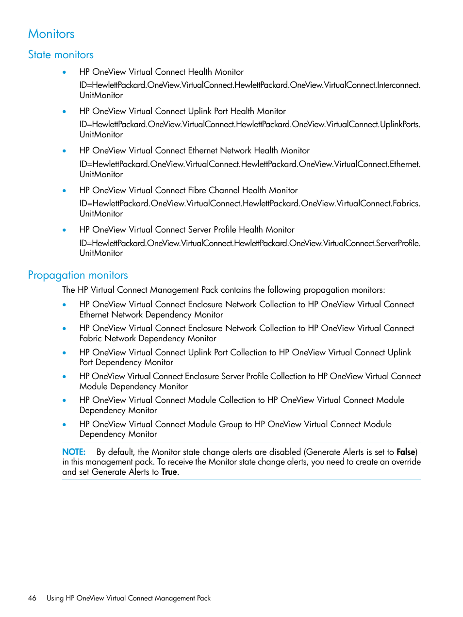 Monitors, State monitors, Propagation monitors | State monitors propagation monitors | HP OneView for Microsoft System Center User Manual | Page 46 / 66