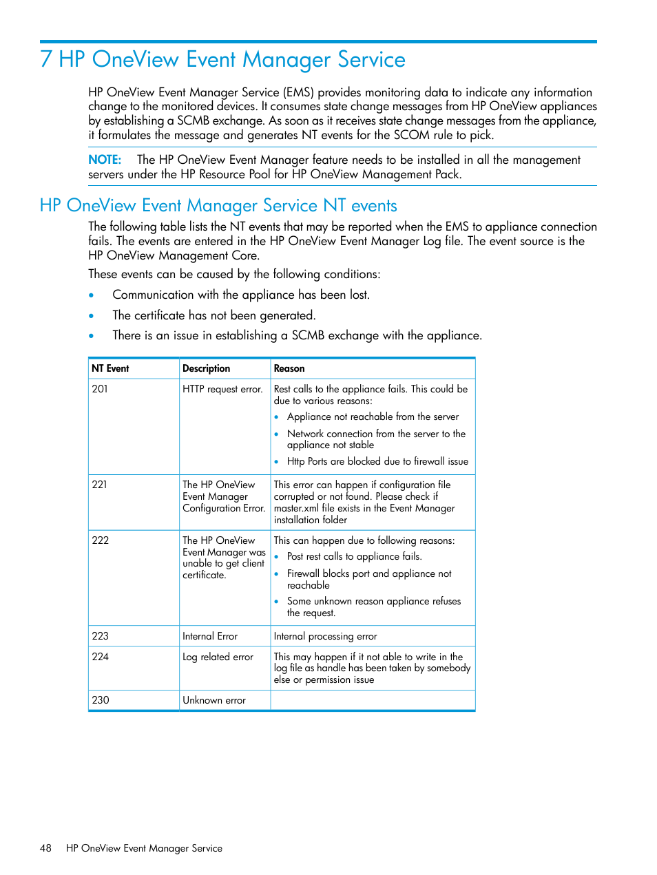 7 hp oneview event manager service, Hp oneview event manager service nt events | HP OneView for Microsoft System Center User Manual | Page 48 / 66