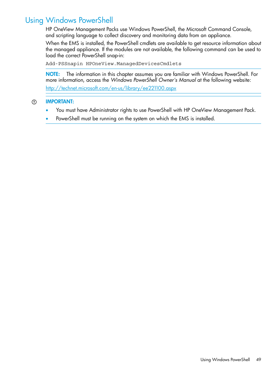 Using windows powershell | HP OneView for Microsoft System Center User Manual | Page 49 / 66