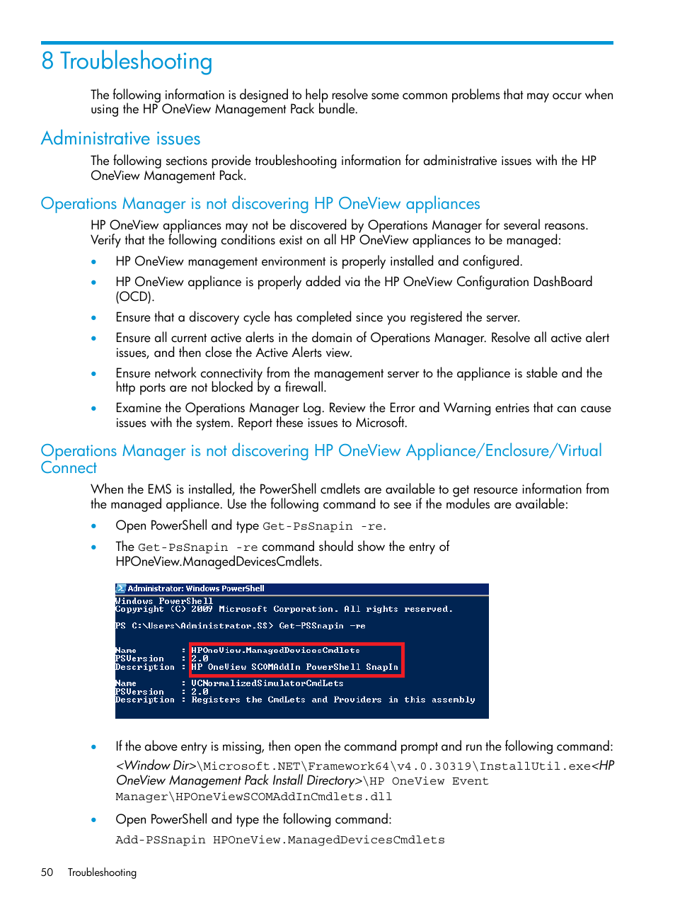 8 troubleshooting, Administrative issues | HP OneView for Microsoft System Center User Manual | Page 50 / 66