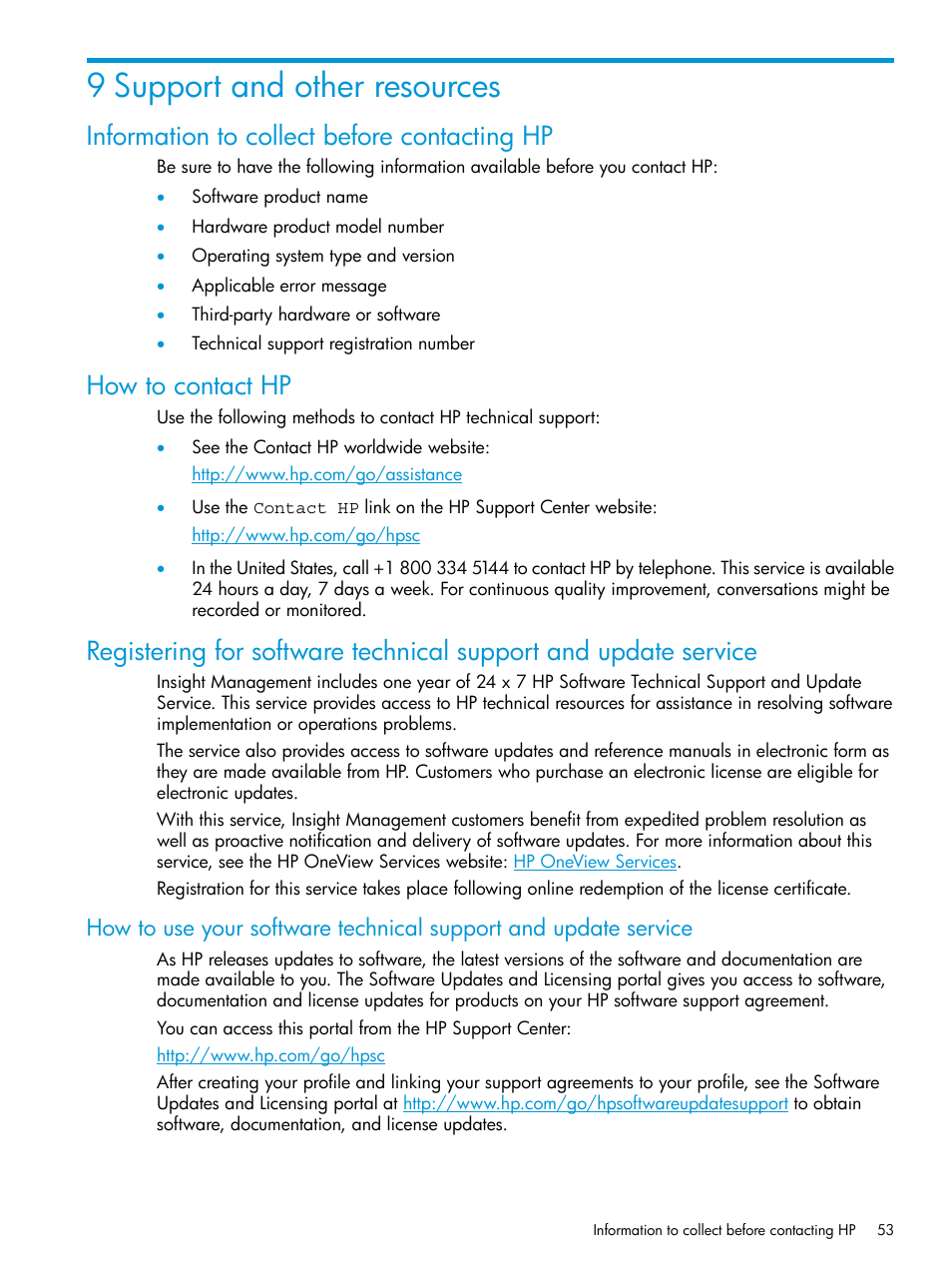 9 support and other resources, Information to collect before contacting hp, How to contact hp | HP OneView for Microsoft System Center User Manual | Page 53 / 66