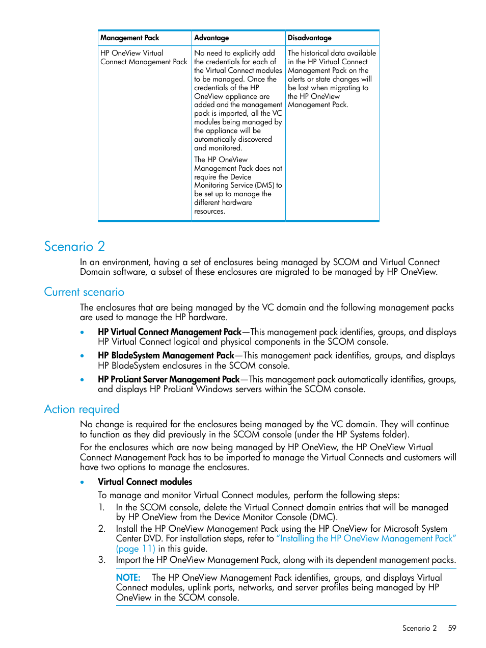 Scenario 2, Current scenario, Action required | Current scenario action required | HP OneView for Microsoft System Center User Manual | Page 59 / 66