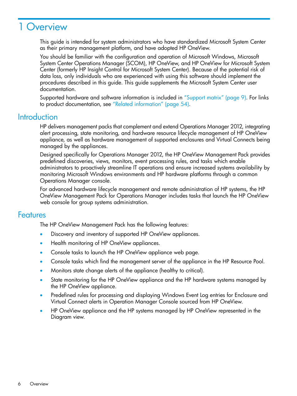 1 overview, Introduction, Features | Introduction features | HP OneView for Microsoft System Center User Manual | Page 6 / 66