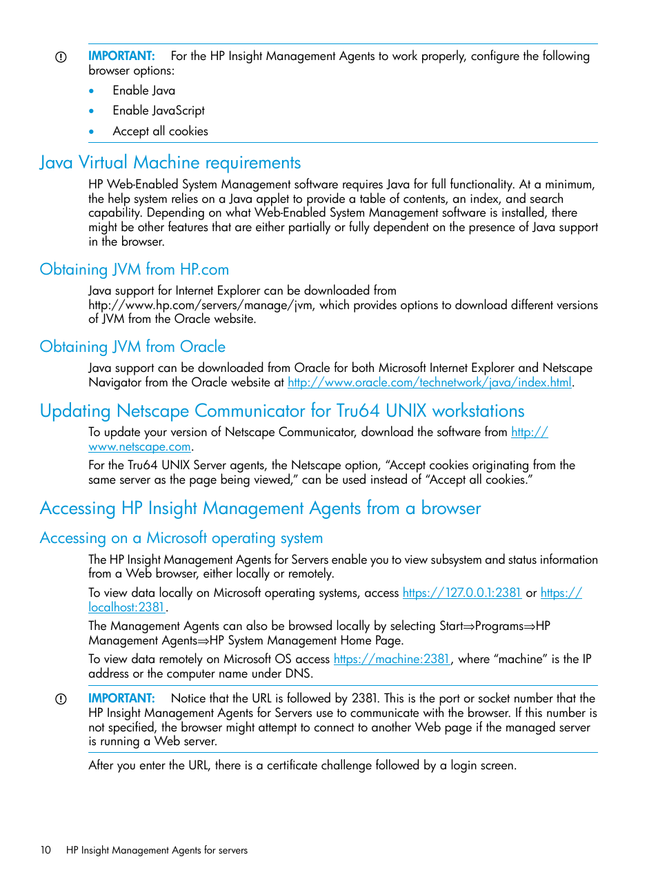 Java virtual machine requirements, Obtaining jvm from hp.com, Obtaining jvm from oracle | Accessing on a microsoft operating system | HP Insight Management Agents User Manual | Page 10 / 175