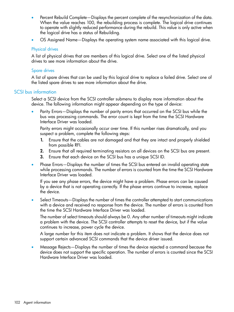 Physical drives, Spare drives, Scsi bus information | Physical drives spare drives | HP Insight Management Agents User Manual | Page 102 / 175