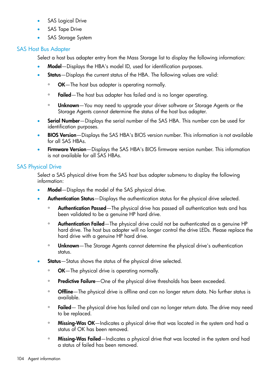 Sas host bus adapter, Sas physical drive, Sas host bus adapter sas physical drive | HP Insight Management Agents User Manual | Page 104 / 175