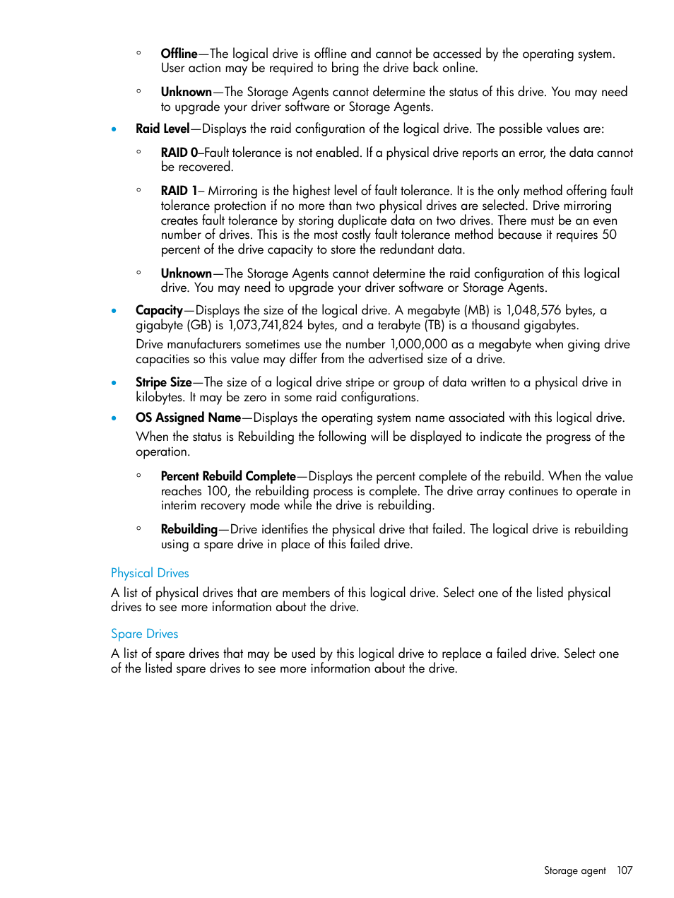 Physical drives, Spare drives, Physical drives spare drives | HP Insight Management Agents User Manual | Page 107 / 175