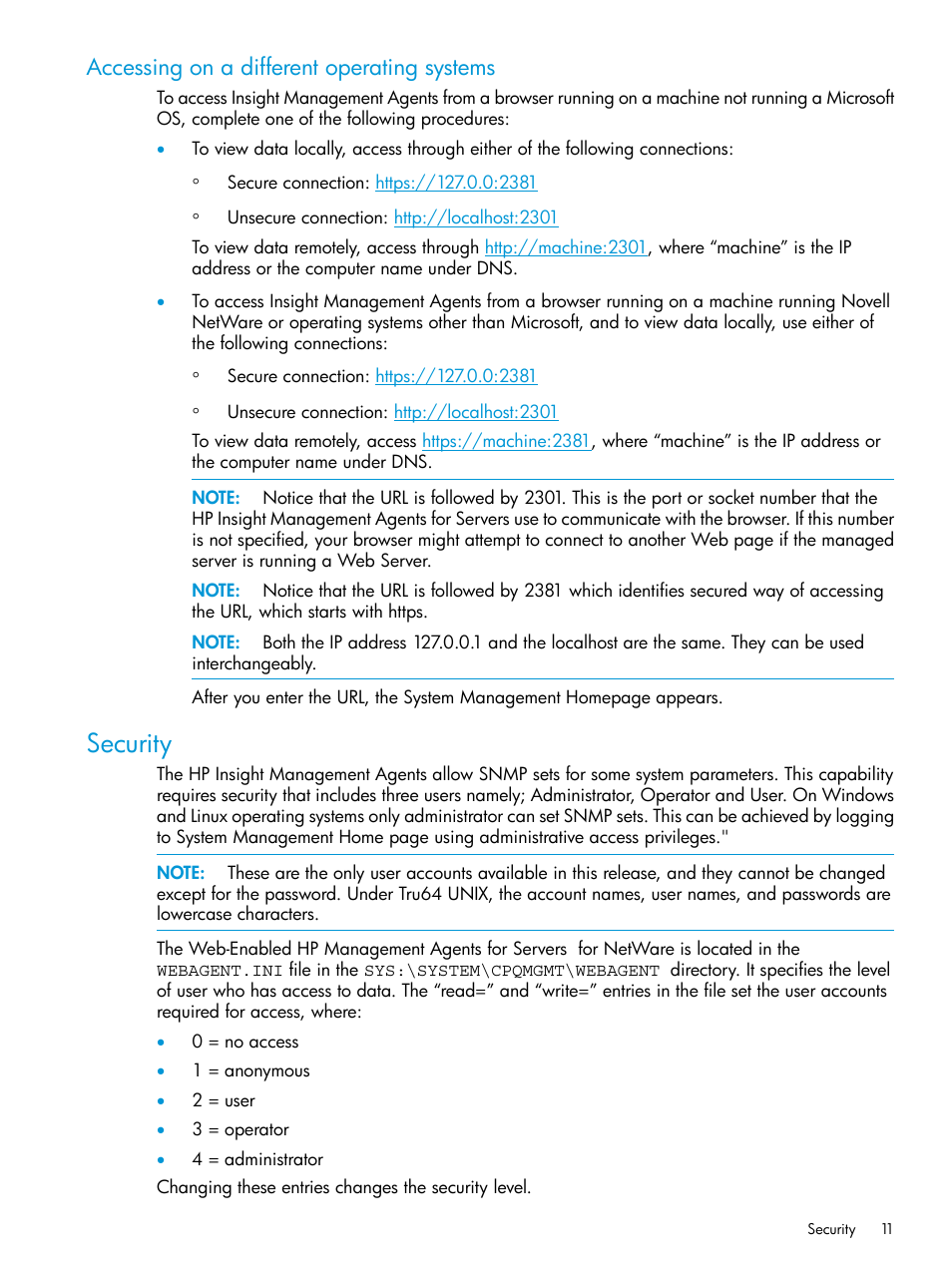 Accessing on a different operating systems, Security | HP Insight Management Agents User Manual | Page 11 / 175