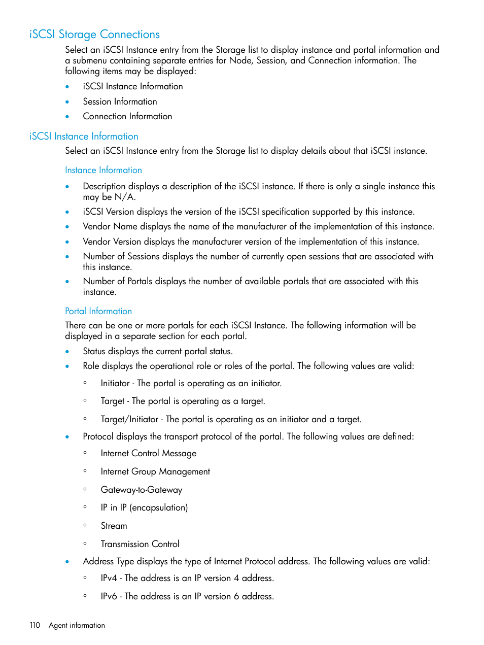 Iscsi storage connections, Iscsi instance information, Instance information | Portal information, Instance information portal information | HP Insight Management Agents User Manual | Page 110 / 175