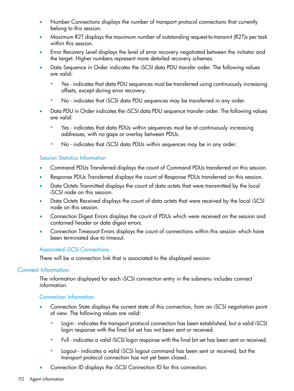 Session statistics information, Associated iscsi connections, Connect information | Connection information | HP Insight Management Agents User Manual | Page 112 / 175