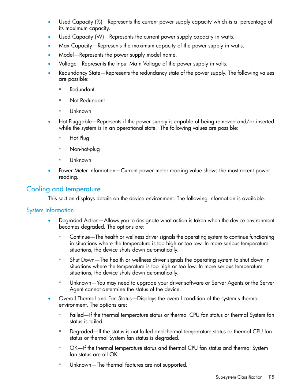 Cooling and temperature, System information | HP Insight Management Agents User Manual | Page 115 / 175