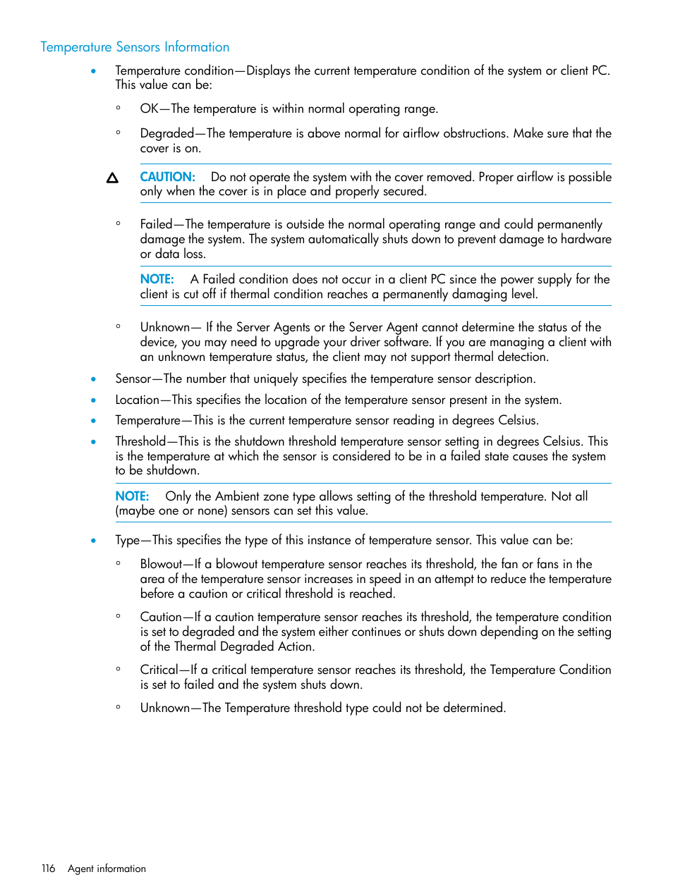 Temperature sensors information | HP Insight Management Agents User Manual | Page 116 / 175