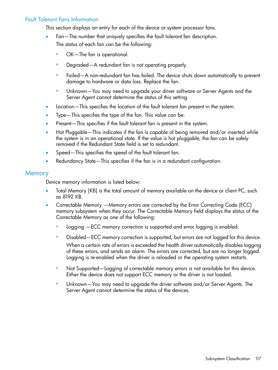 Fault tolerant fans information, Memory | HP Insight Management Agents User Manual | Page 117 / 175