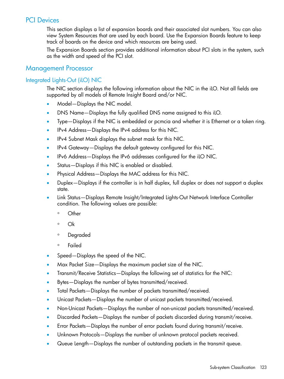 Pci devices, Management processor, Integrated lights-out (ilo) nic | Pci devices management processor | HP Insight Management Agents User Manual | Page 123 / 175